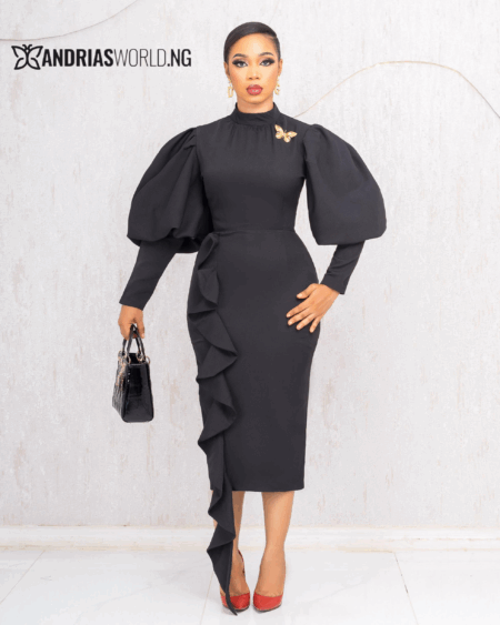 BLACK MIDI DRESS WITH SIDE FRILLS (EXCLUDING BROOCH)